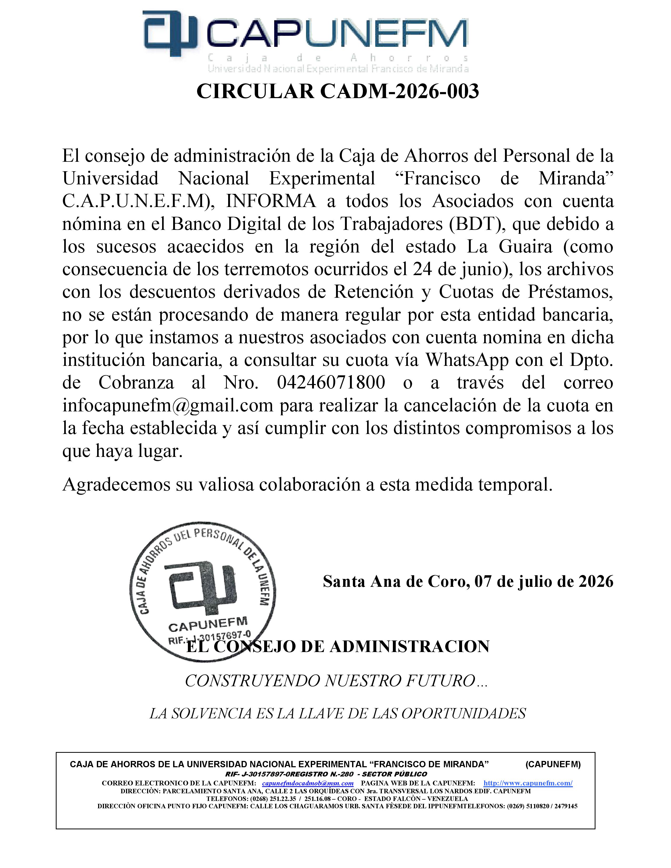 CIRCULAR CADM2026 003 DESCUENTOS BDT 1