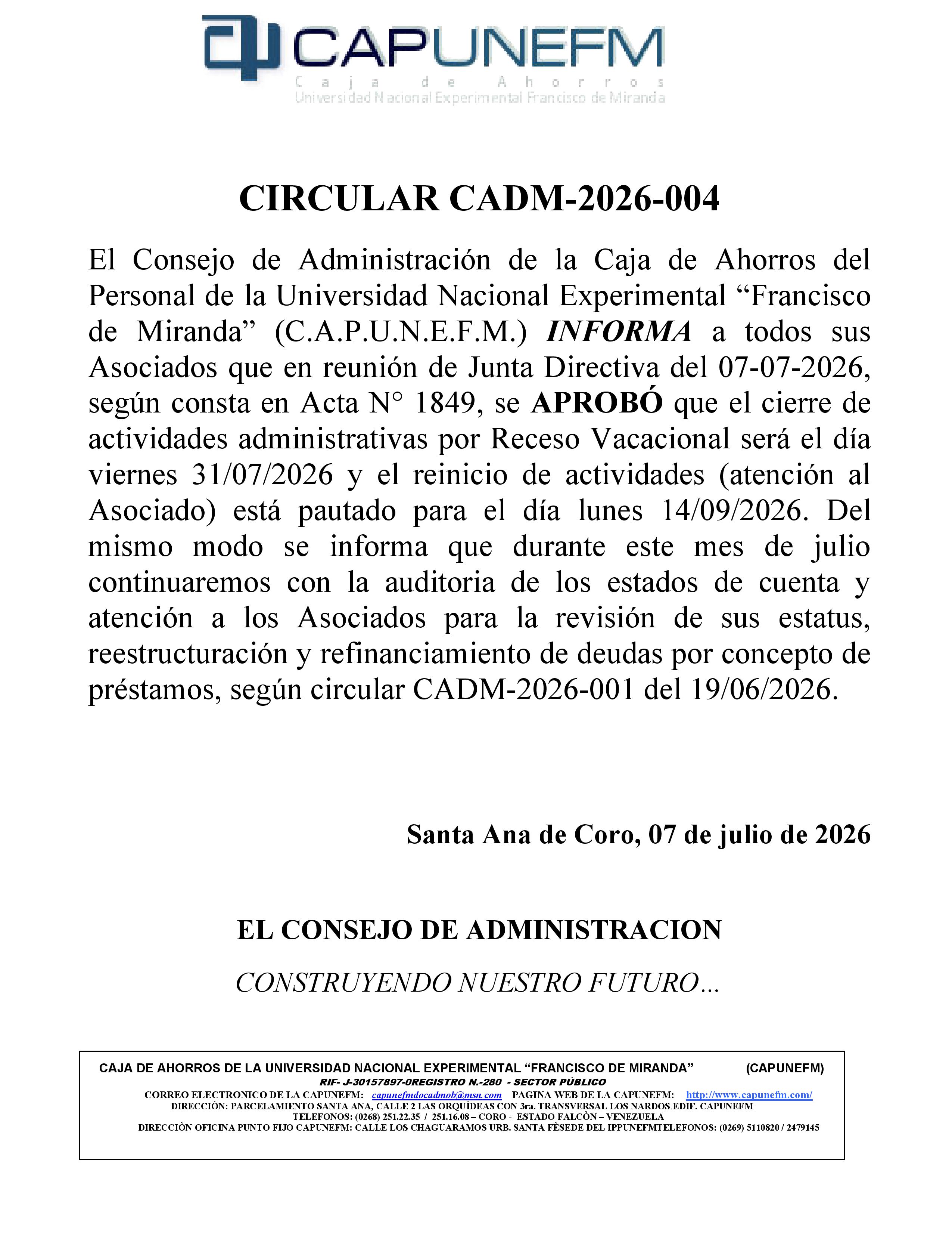 CIRCULAR CADM 2026 004 CIERRE POR RECESO VACACIONAL JULIO2026